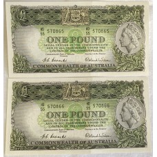 AUSTRALIA 1953 . ONE 1 POUND BANKNOTES . CONSECUTIVE PAIR